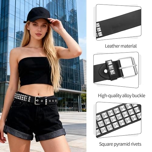 JATEBI 3 Pcs Y2K Black Studded Belt Metal Goth Punk Rock Belts with Shiny Pyramid Studded and Star for Women thumbnail 4