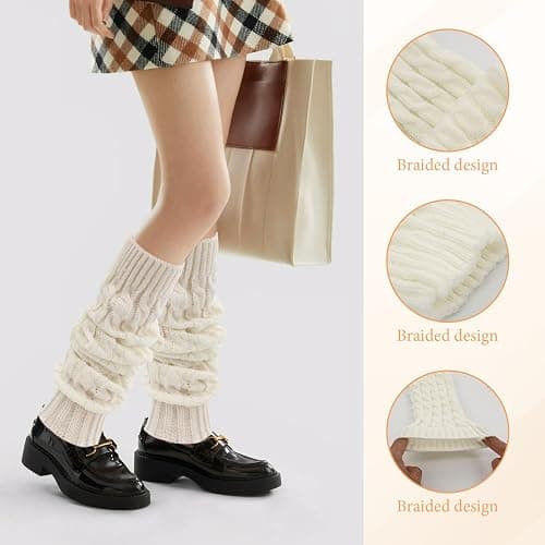 Mzario 4 Pairs Leg Warmers Y2k, Fashion Cute Cable Knit Leg Warmers for Women 80s Sports Party Yoga Accessories (Black, White, Coffee, Light Gray) thumbnail 3