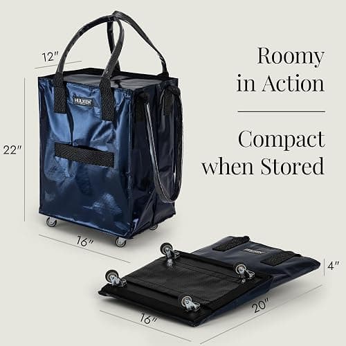 HULKEN - (Medium, Midnight Blue) Reusable Grocery Bag On Wheels, Shopping Trolley, Rolling Tote, Zipper Closure, Lightweight, Carries Up to 66 lb, Folds Flat, Unbreakable Handles thumbnail 4