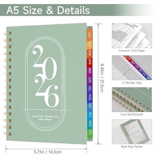 2026 Diary A5 Week to View, 2026 Planner, Jan to Dec 2026, Diary 2026 with Monthly Tabs, Twin-Wire Binding, Weekly & Monthly To Do, Inner Pockt for School & Work - Green (8.5" x 5.9") thumbnail 3