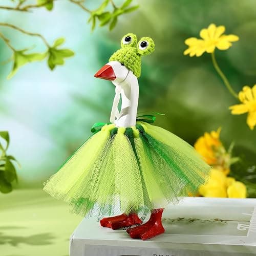Sunnymove 7 Inch Mini Desk Goose Outfits with Frog shape Knitting Hat green Tutu Dress Mini Desk Goose Customs for Magnetic Statue Key Holder Decor thumbnail 2