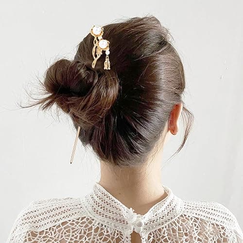 Cinaci 10 Pieces Decorative Vintage Retro Pearl Gold Metal Hair Sticks Pins with Pendants Chinese Hanfu Asian Flower Butterfly Hair Chopsticks Hair Bun Updo Holders Long Hairpins for Women Girls thumbnail 3