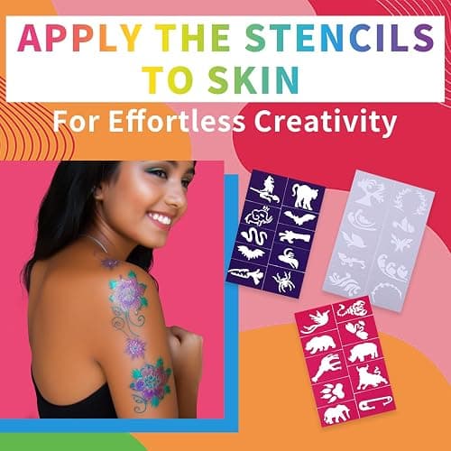 Temporary Tattoo Marker for Skin, 15 Colors Tattoo Pen + 50 Stencils for Painting + 43 Henna Tattoo Sticker, Glitter & Matte & Neon Glow Face Body Paint Markers for Teens and Adult thumbnail 6