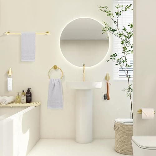 TURS Brushed Gold 5 Piece Bathroom Hardware Set, SUS304 Stainless Steel 24 Inch Bath Towel Bar Set, Round Bathroom Accessories Kit Wall Mounted thumbnail 7