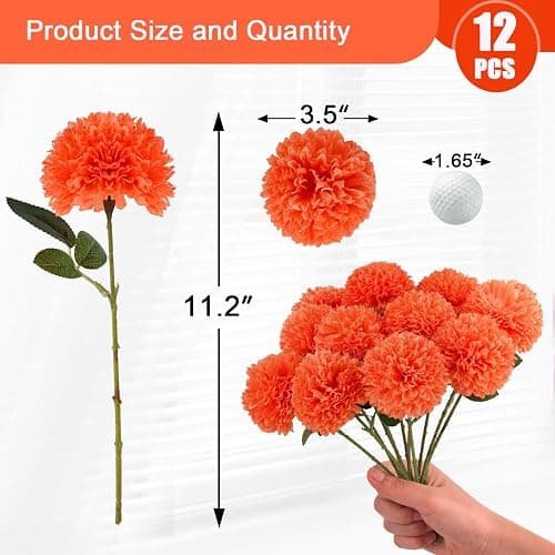 Hananona 12 Pcs Artificial Chrysanthemums Flowers Marigolds Ball Flower, Orange Fake Mums Silk Fall Flowers for Autumn Dia de Los Muertos Home Decor Day of The Dead Table Centerpiece (12, Orange) thumbnail 3
