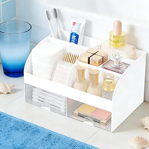 Makeup Organizer with 2 Drawers, Cosmetic Storage for Dresser Vanity and Bathroom Countertop,Make up organization and Skincare Storage with Beauty Brush Holder, Cosmetic Display Case (White) thumbnail 2