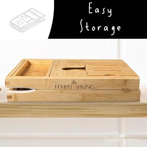 Temple Spring Foldable Bamboo Bathtub Tray Caddy for Tub — Expandable One-Piece Wood Bath Table with Wine Holder Book Stand and Non-Slip Pads — Space-Saving Bath Caddy — Housewarming thumbnail 2