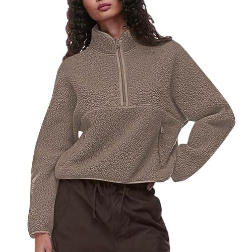Fleece Jacket Women Half Zip Pullover Sherpa Sweater Warm Cropped Sweatshirts Fuzzy Cute Baggy Fall Clothes 2025 - Image 1
