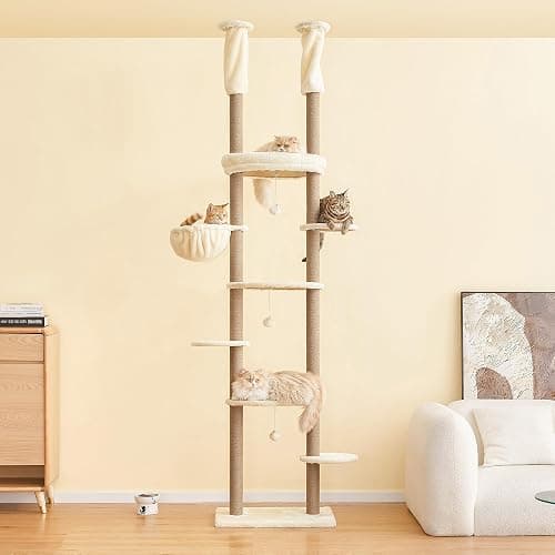 Furcato Cat Tree, Floor to Ceiling Cat Tower Adjustable Height[92-102 Inches=234-258cm], 7 Tiers Cat Climbing Tree with Hammock, Platforms and Fully Sisal Scratching Posts for Indoor Cats, Beige - Image 1