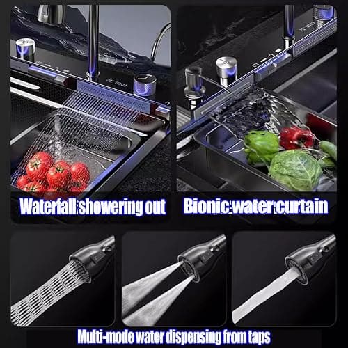 FIVIXIL Kitchen Sink Whale Double Waterfall Sink with LED Display with Cup Washer, soap Dispenser, Waterfall Mixer, countertop Controls, etc. Workstation Kitchen Sink (Gun Grey, 31.5 * 18.1 * 8.7IN) thumbnail 3