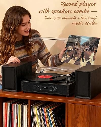 Vinyl Record Player with 4+2 External Stereo Speakers Bluetooth 3-Speed Belt Drive Turntable for Vinyl Records Two Speakers USB/SD Recording RCA Headphone Out& AUX-in, Vintage Black Wood thumbnail 8