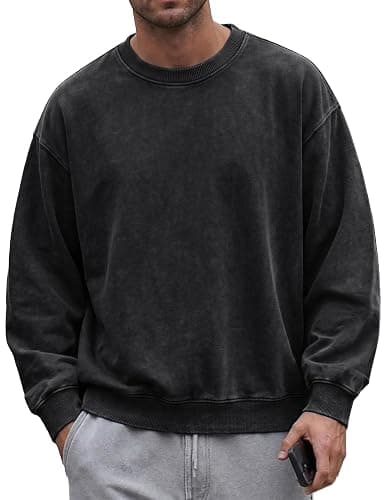 JMIERR Mens Acid Washed Cotton Crewneck Sweatshirt Long Sleeve Pullover | Ribbed Collar Cuffs, Relaxed Fit, Drop Shoulder, Y2K Streetwear Top, Vintage Casual Shirts, Fall Winter Fashion Outings - Image 1