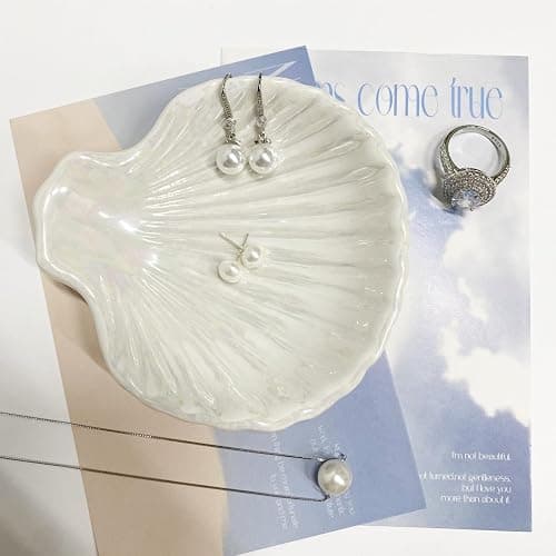Ring Dish Shell Shape Ceramic Jewelry Dish Tray, Decorative Trinket Dish Organizing Rings Earrings Necklaces Keys for Mom Friend Sister, 3.9", White Iridescent Surface thumbnail 5