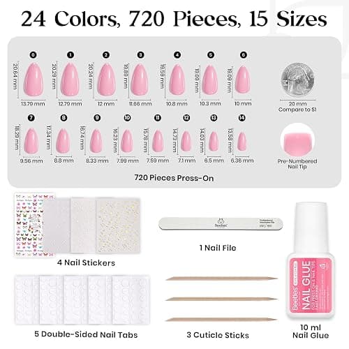 Beetles Press on Nails Kit 720Pcs 24 Colors, Short Almond Press on Nails Glossy Matte Glitter With Nail Glue & Nail Tabs Stickers, Natural Fit Lightweight Fake Nails Kit Art For Women Girls thumbnail 5