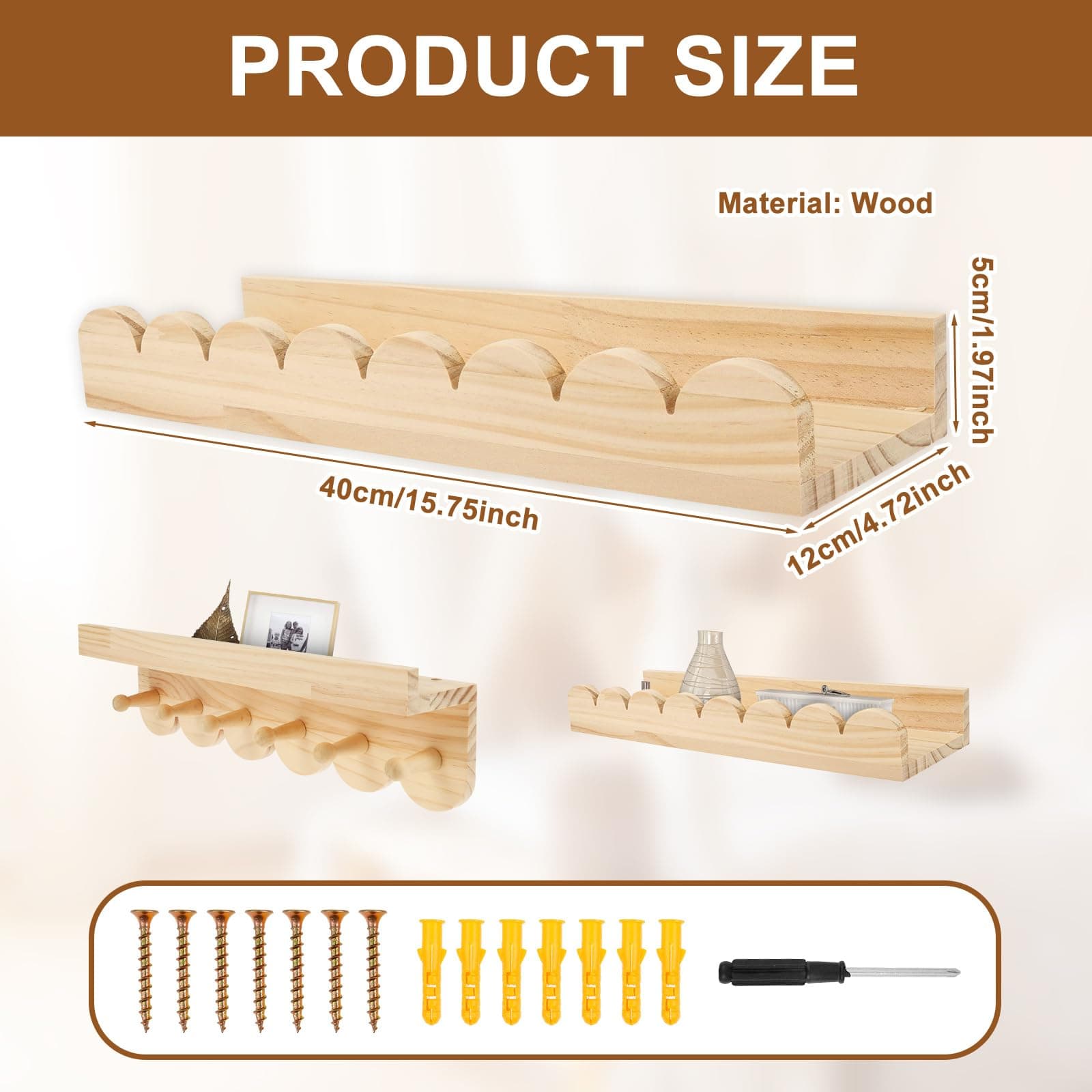 3Pcs Floating Wall Shelves, Scalloped Edge Wooden Shelves for Nursery & Toddler Room, Strong Load Bearing Storage Display Shelf for Living Room, Bedroom, Bathroom (Burlywood) thumbnail 2