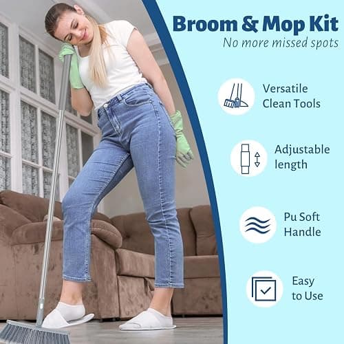 3-in-1 Detachable Broom and Mop Set Combo for House Cleaning, Collapsible Broom and Mop for RV Camping, Home, Dorm, Extension Pole, Window Squeegee, Grey thumbnail 2