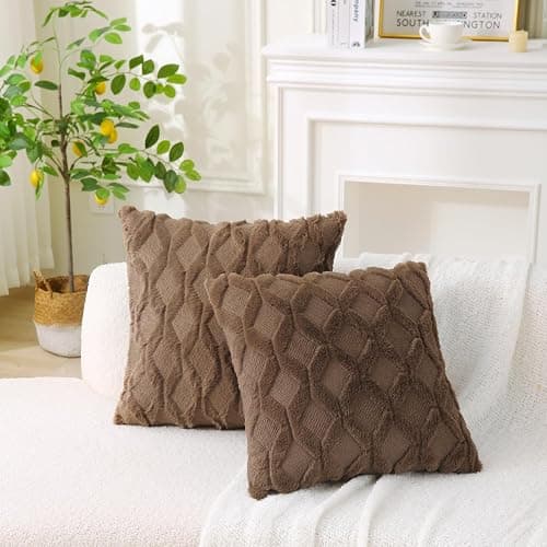 WHATWEARS 18" x 18" Decorative Throw Pillow with Inserts, Set of 2 Soft Faux Fur Throw Pillows, Square Boho Pillow for Couch, Bed, Sofa Decor, Coffee thumbnail 8