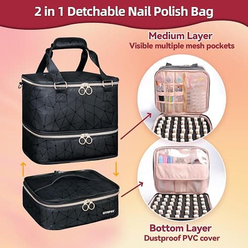 SIYNPAV Nail Polish Organizer Bag Holds 126 Bottles (15ml/0.5fl.oz)& Nail Lamp, 3 Layers Detachable Nail Kit Storage Case PU Leather, Large Travel Nail Supplies Shoulder Bag for Manicure Tools (Black) thumbnail 4