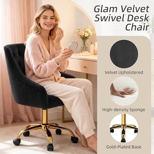 MOJAY Velvet Office Swivel Chair, Vanity Chair, Fabric Desk Chair, Pretty Fancy Chair, Gold Office Chair for Girls, 360°Swivel Height Adjustable Reception Chair (Black) thumbnail 5