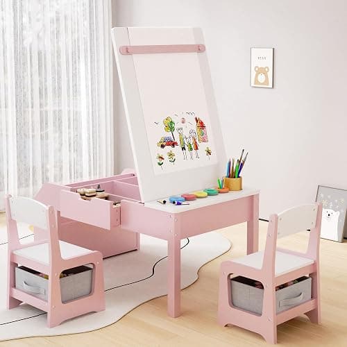 5-in-1 Kids Art Table and Chairs, Wood Toddler Table and Chair Set with Storage Drawers, Craft Play Desk for Kids, Convertible Art Easel with Paper Roll Holder, Children Activity Learning Center-Pink thumbnail 2