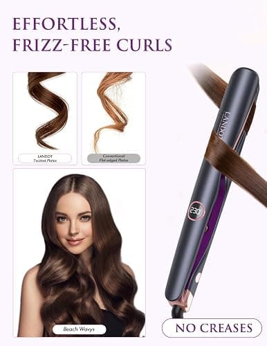 LANDOT Hair Straightener and Curler 2 in 1, Twist Flat Iron 1" Dual Voltage | Anti-Frizz Tourmaline Ceramic Float Plates, Fast 30s Heat-Up, 12 Temp 250-450F, All Hair Types, Auto Shut-off thumbnail 8