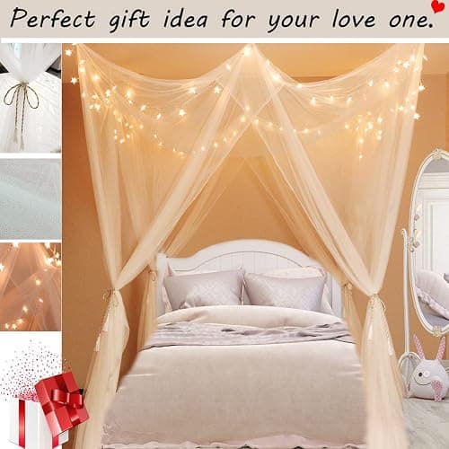 Obrecis White Bed Canopy with Lights for Girls Bedroom Decor, 8 Corner Princess Canopy Bed Curtains with Warm White LED Star String Lights Remote Control Canopy for Bed Twin Full Queen King Size Bed thumbnail 4