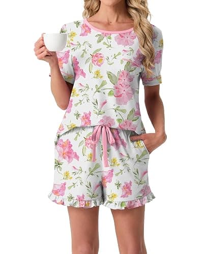 (Size Large) PrinStory Womens Pajama Sets Cute Pjs Short Sleeve Top Ruffle Shorts | Pajama Sets for Women 2 Piece, Lightweight Pj Sets, Soft Lounge Set with Pockets, Women's Sleepwear thumbnail 2