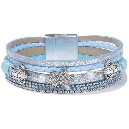 FANCY SHINY Turtle Starfish Leather Wrap Bracelet Boho Rhinestone Pearl Cuff Bracelet with Magnetic Clasp for Women - Image 1