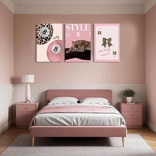 ACWOWO 3 PCS Pink Leopard Bow Canvas Wall Art Fashion Cheetah Painting Poster Lucky 8 Ball Wall Decor Pink Print Pictures for Girls Bedroom Living Room Home Decoration 12 * 16 in (Poster No Frame) thumbnail 6