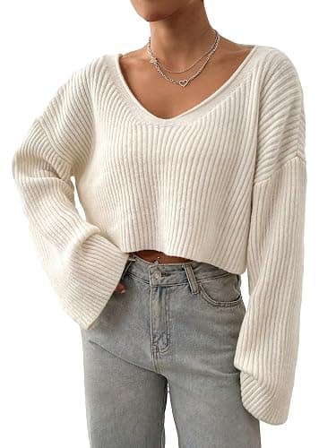 Floerns Women's Long Sleeve Pullover V Neck Drop Shoulder Rib Knit Sweaters Top - Small - Apricot - Image 1