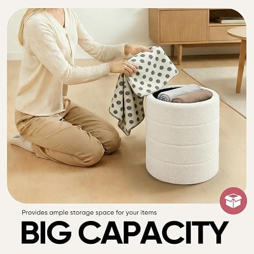 CAIPINFUL 14.5" Round Storage Ottoman,Boucle Sherpa Ottoman with Tray, Faux Teddy Foot Rest Coffee Table for Bedroom Dorm Living Room,White thumbnail 6