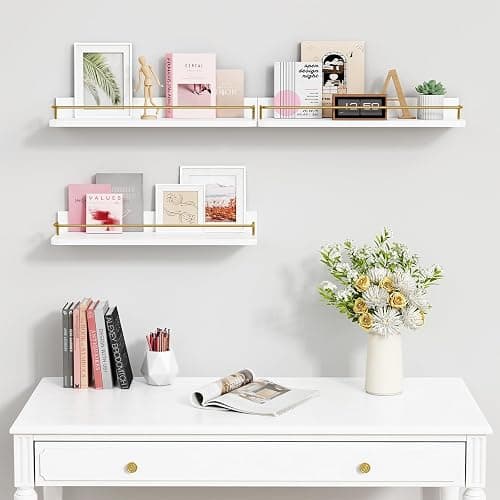 Forbena Gold Floating Shelves for Wall Decor Set of 3, Bathroom Shelves Over Toilet, Modern Display Wall Shelf with Guard Rail for Living Room Bedroom Organizers and Storage - White and Gold thumbnail 6