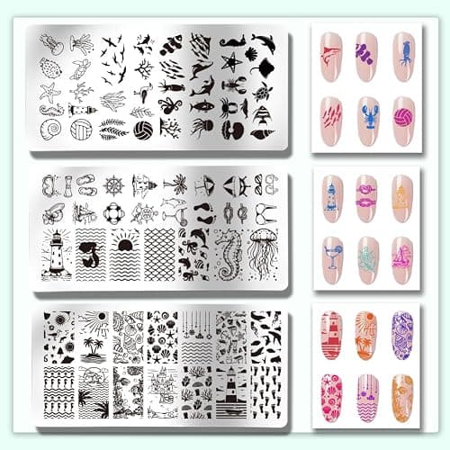 PH PandaHall 3pcs Ocean Life Nail Art Templates, Seaside Marine Life Nail Stamping Plate Beach Sea Shell Art Stencils Stainless Steel Image Plates for Women Summer Nail Design Print Manicure Salon thumbnail 3