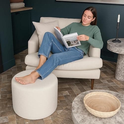 KKdema White Round Ottoman Foot Rest Stool – Clean Boucle Fabric Footstool with Soft Foam Filling, Lightweight Modern Pouf for Minimalist Living Room, Bedroom, Office – Pure White thumbnail 9