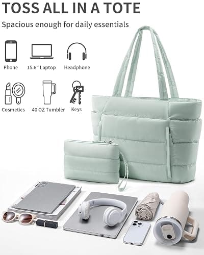 Puffer Tote Bag for Women, Lightweight Puffy Work Handbag Teacher Nurse Quilted Shoulder Bag for School Travel Gym thumbnail 6