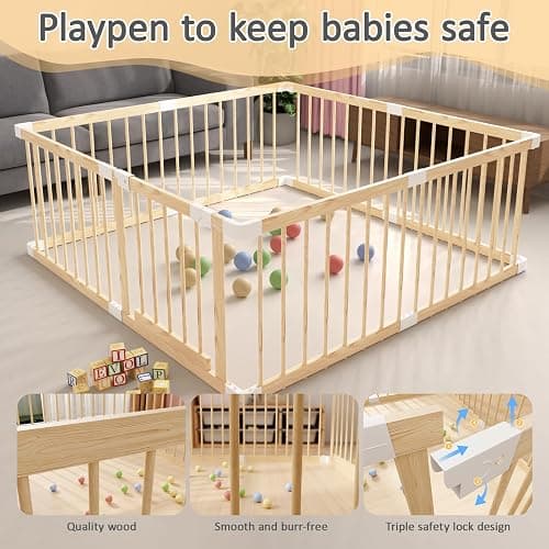 Baby Playpen,Wooden and Toddler Playpen,Play Pen for Babies and Toddlers Kids Indoor,Wooden Babies with Locking Baby Gate,Easy to Assemble,Play Pen Area Indoor, Non-Collapsible(53x53x24 Inch) thumbnail 3