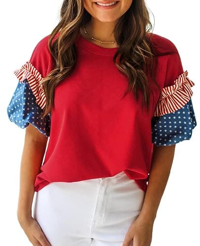 Women's Stars and Stripes Blouses Short Puff Sleeve Round Neck Colorblock Shirts Dressy Casual Tops - Image 1