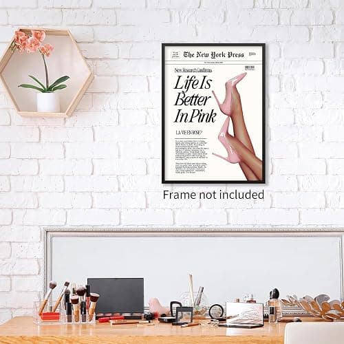 Vintage Funky Newspaper Wall Art Fashion Funny Quote, Life Is Better In Pink Poster Prints Heel Picture for Girly Bedroom Apartment Wall Decor 12x16 inch Unframed thumbnail 6