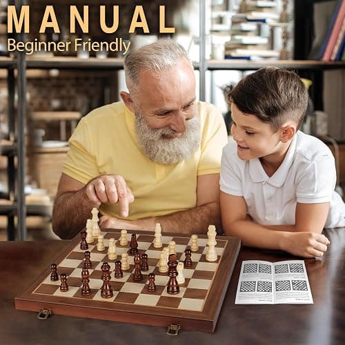2 in 1 Magnetic Wooden Chess and Checkers Board Game Set, 15" Folding Chess Boards with 2 Extra Queens, Portable Travel Chess Sets with Pieces Storage Slots, Beginner Chess Game Set for Kids, Adults thumbnail 2