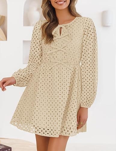 ZESICA Womens Fall Cute Hollow Out Long Sleeve Mini Dress | Crewneck, Tie Front, Eyelet Babydoll Dress, A-Line Short Dress, Casual Party Dress thumbnail 2