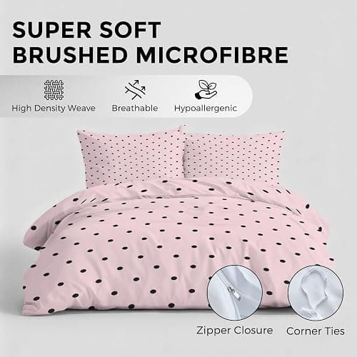 Pink Black Polka Dot Duvet Cover Full 3 pcs, Modern Cute Girly Bedding Set, Super Soft Microfiber, 2 Pillow Sham, Zipper Closure Corner Ties, Polka Dots Decor & Giftsft-3 thumbnail 5