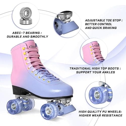 Nattork Roller Skates for Women, PU Leather High-top Quad Skates for Beginner, Indoor Outdoor 4 Wheels Double-Row Skates for Adults thumbnail 3