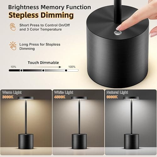 JALVDE Cordless Table Lamps Rechargeable - Outdoor Waterproof LED Table Light Portable 5000mAh Battery Operated Lamp 3 Color Stepless Dimming with Memory Function for Restaurant Dining Patio Black - Black thumbnail 5