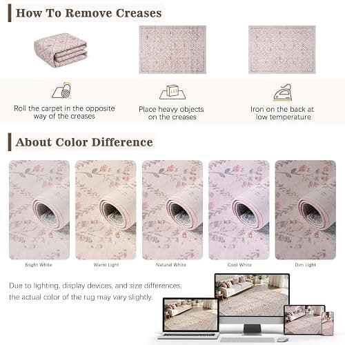 DCX Washable 5x7 Pink Floral Rug for Girls Bedroom, Soft Cottagecore Rug for Baby Girl Nursery, Non Slip Low Pile, Kid & Pet Friendly Vintage Botanical Carpet thumbnail 3