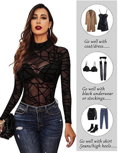 Avidlove Long Sleeve Bodysuit for Women Turtleneck Sheer Mesh Bodysuit Geo Print Leotards thumbnail 7