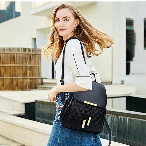 KKXIU Quilted Trendy Leather Backpack Purse for Women and Ladies Shoulder Travel Daypacks Bags (Black) thumbnail 2