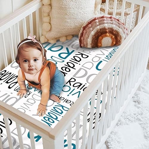 Duckbe Custom Crib Sheets for Boys - Fitted Crib Sheet for Standard Crib & Toddler Bed Mattress (52"x28"), Personalized Baby Gift for Boys, White Letter(52"x28"x9.8") thumbnail 6