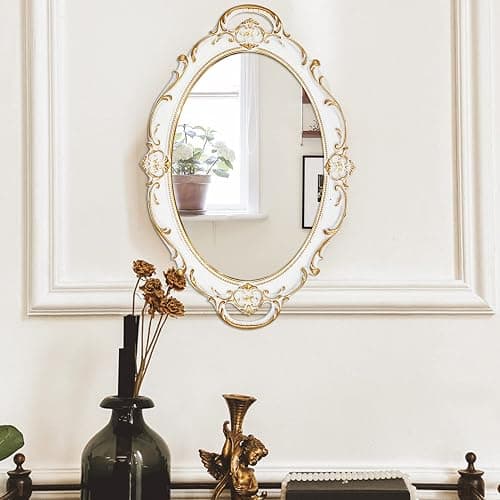 Eaoundm 14.5 x 10 inchs Oval Antique Decorative Wall Mirror Vintage Hanging Mirror (White) - White thumbnail 2