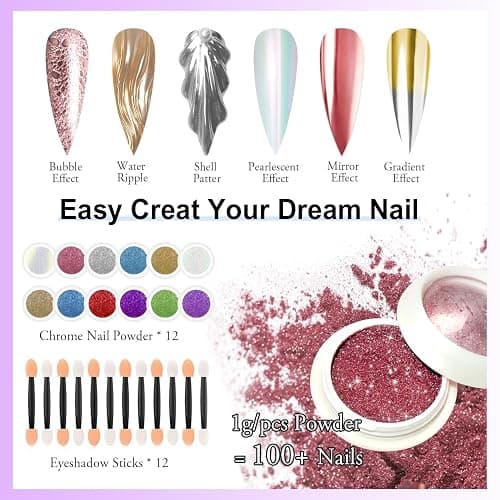 LEDSUUEI Chrome Nail Powder - Super Mirror Effect Metallic Holographic Aurora Iridescent Pearlescent Rose Gold White Pearl Chrome Nail Powder for Nails Salon DIY thumbnail 5