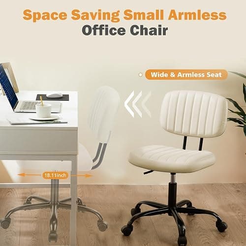 Sweetcrispy Office Desk Chair, Small Vanity Chair, Lumbar Support | Armless PU Leather, Height Adjustable Rolling Swivel Task, Bedroom Home Student, Beige White thumbnail 5